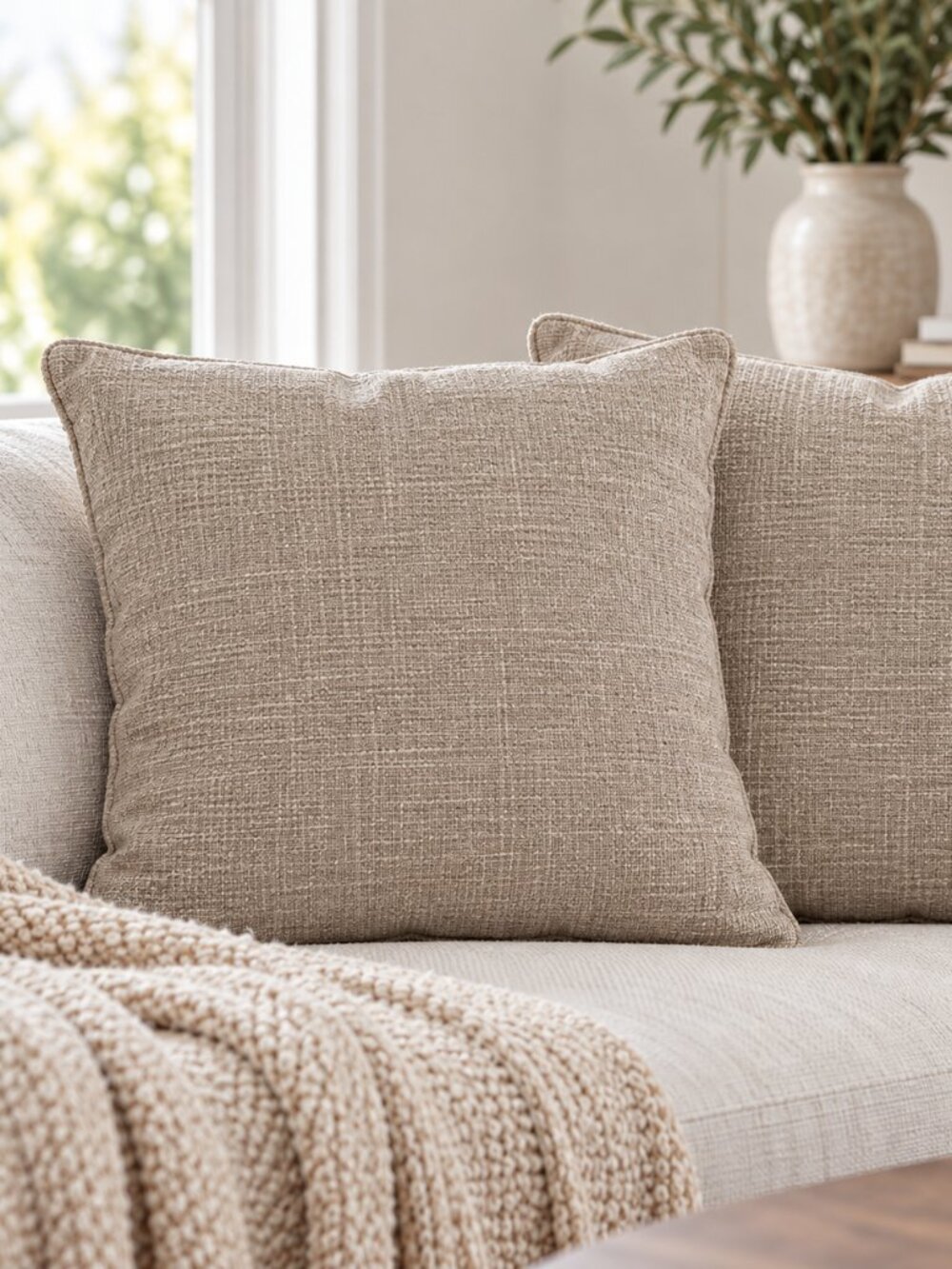 Textured Neutral Beige Taupe Throw Pillows – Set of 2 | 16" x 16"